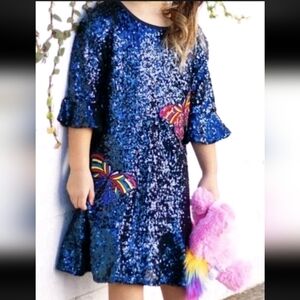 Hannah Banana Girls Sequin Butterfly Party Dress, Navy Blue Bell Sleeve Size 6
